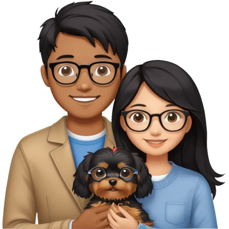 “An Asian girl with long, wavy black hair (loose, no hair tie) next to her smiling boyfriend—a brown-skinned man with a middle part hair cut and glasses. Together, they’re holding a small Yorkshire Terrier emoji