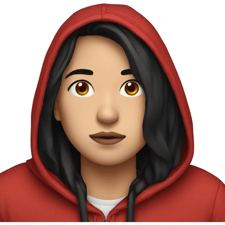 Sad student in red hoodie with black hair emoji