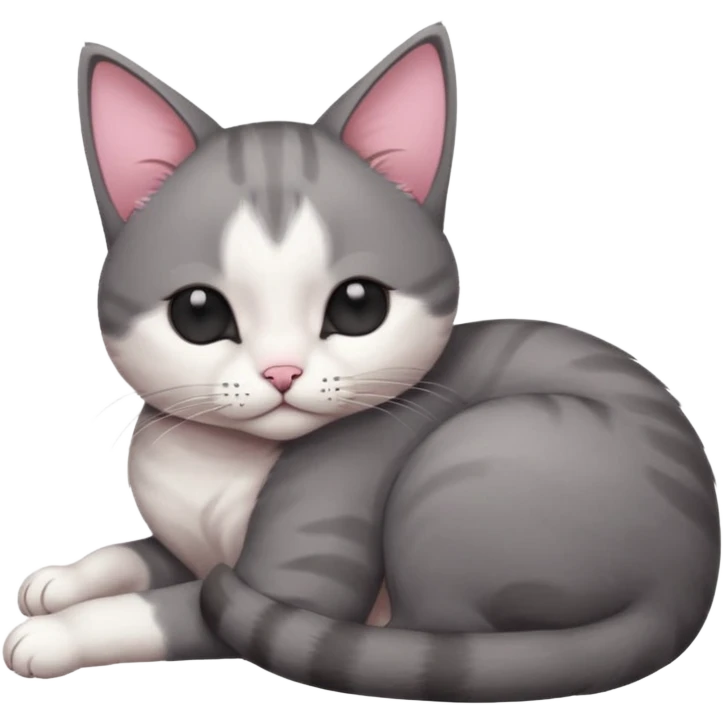dark grey and white small cat with eyes closed, leaning his head on his paw while leaning on his elbow lying down emoji