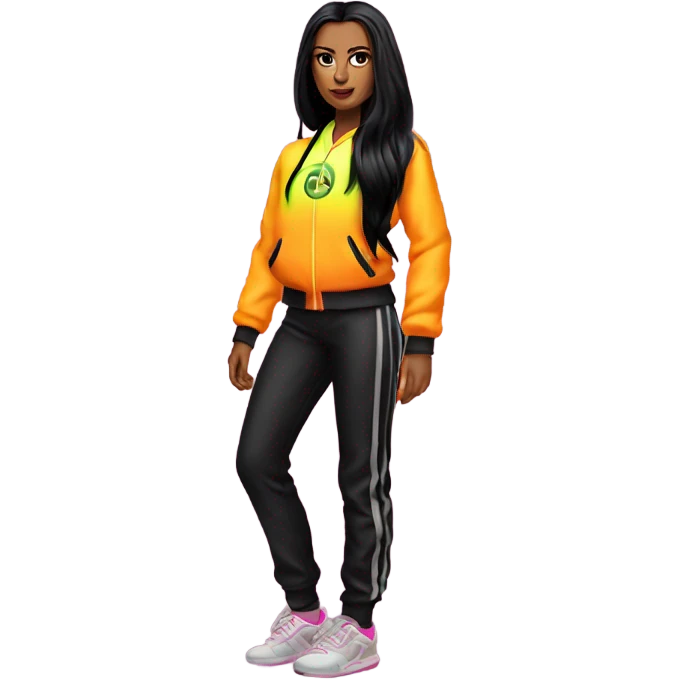 Tanned woman with long black hair, dressed in y2k  hair, makeup, and neon velvet tracksuit attire emoji