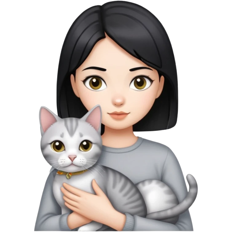 A girl with black straight hair holding a silver colour English shorthair cat emoji