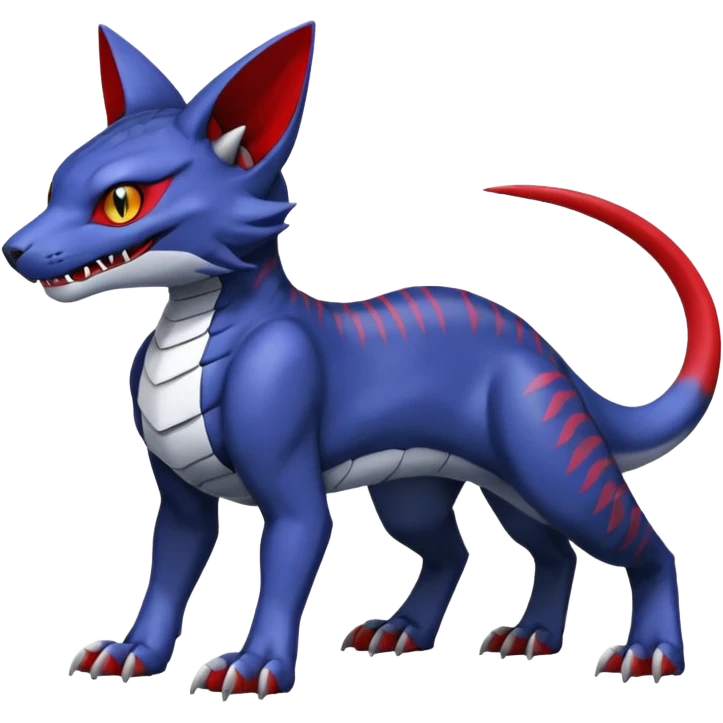 midnight blue-gray-black, with red markings, white belly, scaley Bastet-Noibat-Gatomon-Garchomp-Digimon-Fakémon-Pokémon-creature (full body) emoji