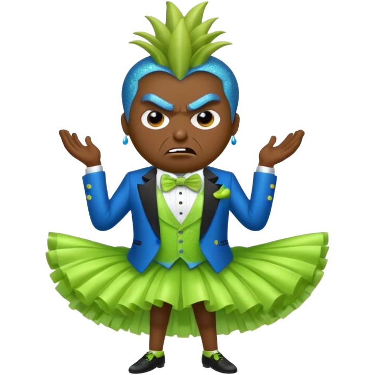 Angry blue banana fruit wearing a sparkly lime green tuxedo and tutu emoji