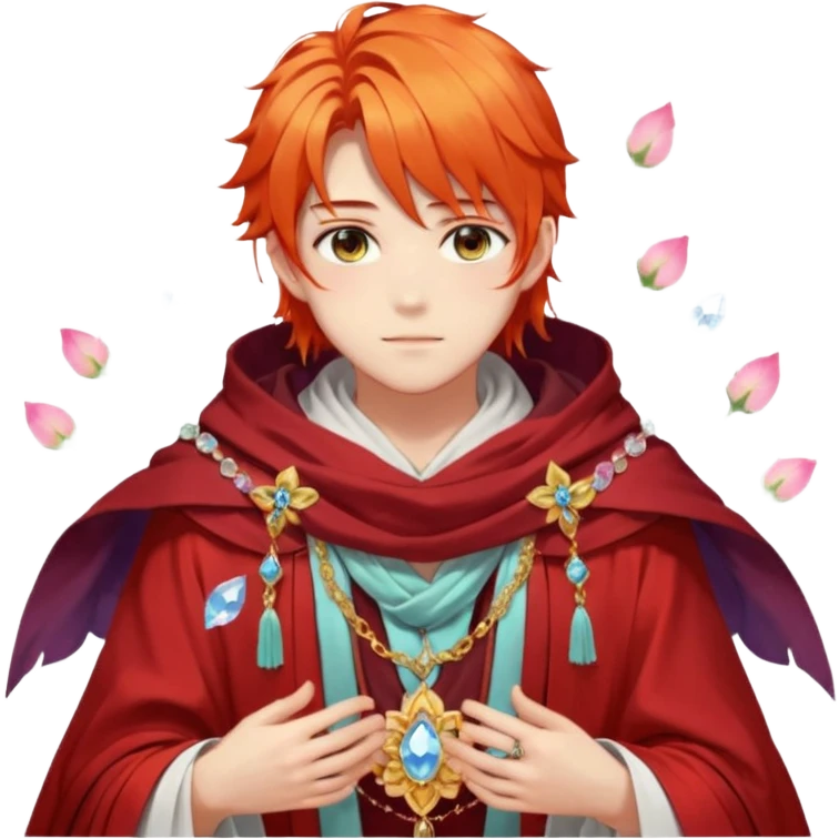 Beautiful gorgeous anime boy with beautiful fiery-special-medium-long-hair, fashion aesthetic, ethereal, fairycore, pastelcore, flower petals, crystals, layered robes, toga, cloak scarf, accessories, jewelries, gold, colorful emoji