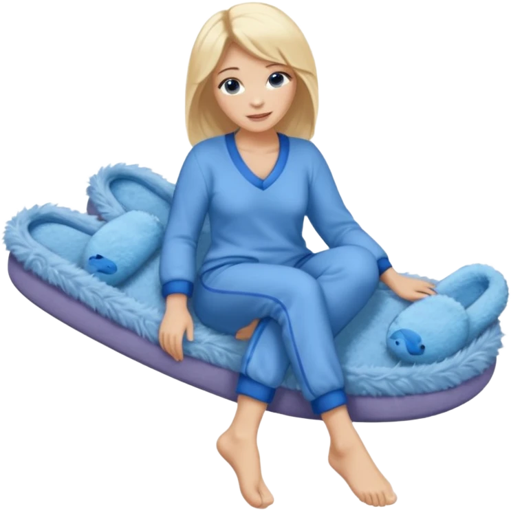 blonde woman wearing comfy lounging outfit, blue fuzzy slippers on her bare feet emoji