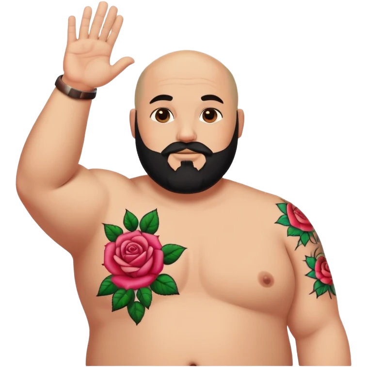  Chubby Bald man with black beard raising hand with colorful roses tattoo on forearm  emoji