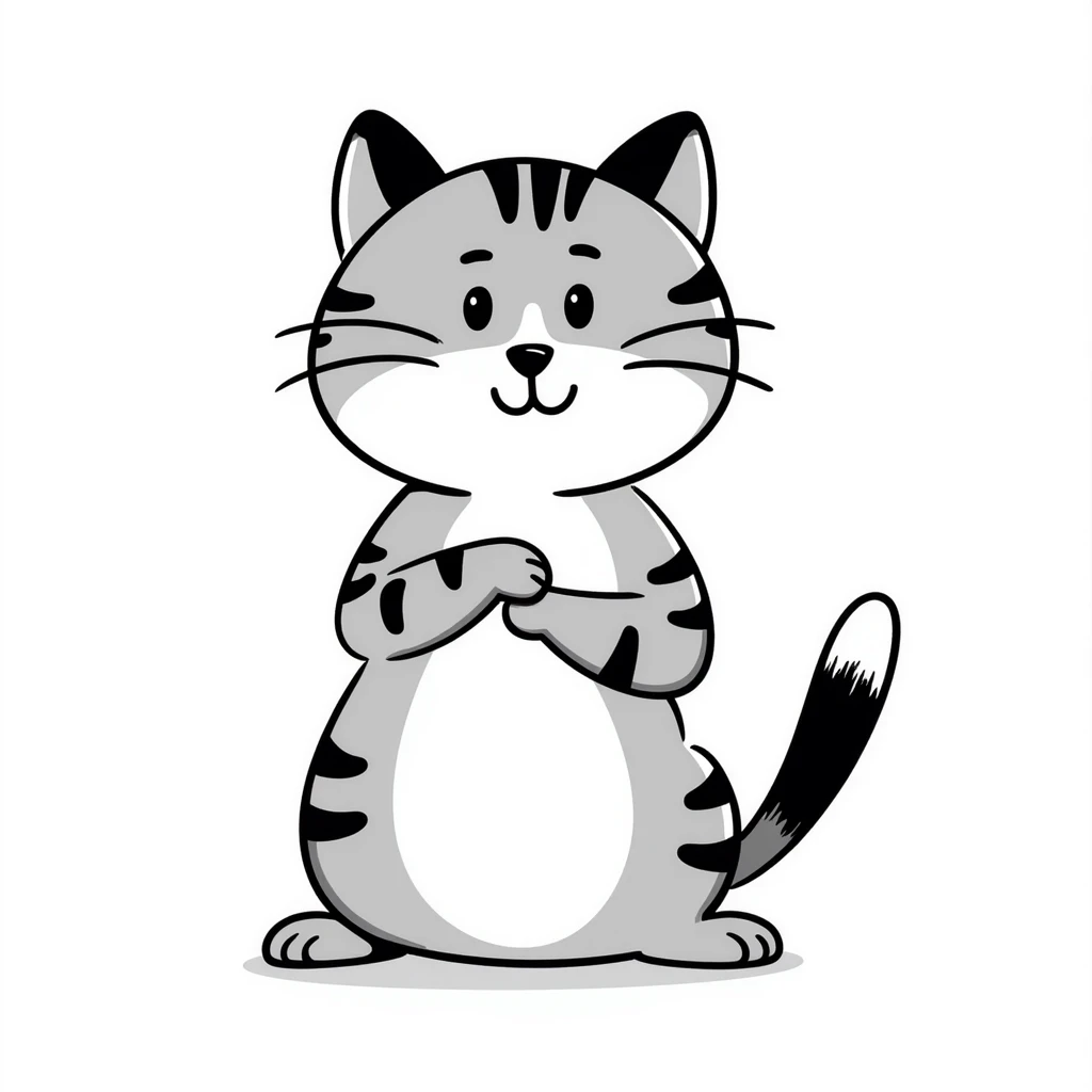 Cute tabby cat with white stomach, hand-drawn style, playful pose showing white belly emoji