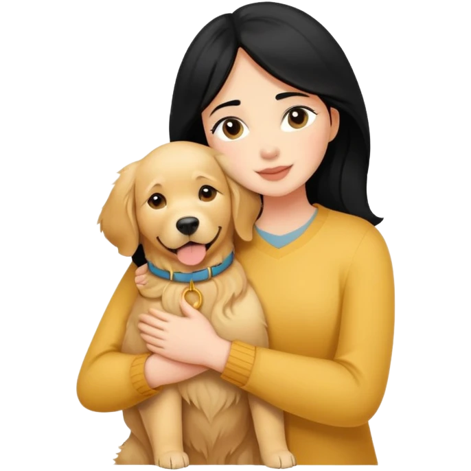 A black-haired, fair-skinned woman hugs a golden retriever. emoji