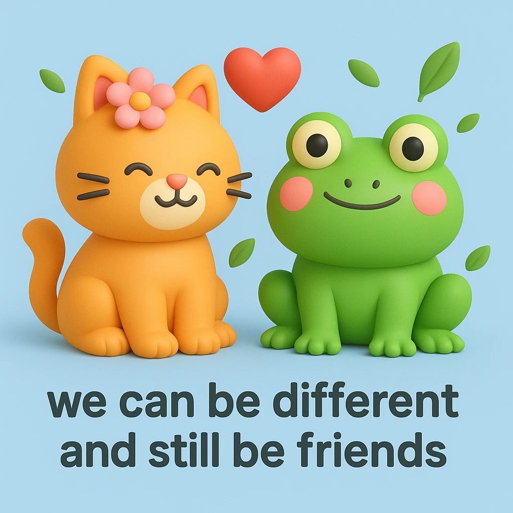 A 3D iOS style illustration of a cat and a frog together, with a flower on the cat's head and a heart floating between them, conveying a message of friendship. The scene should have a light blue background with some green leaves scattered around. Include the text "we can be different and still be friends" at the bottom. emoji