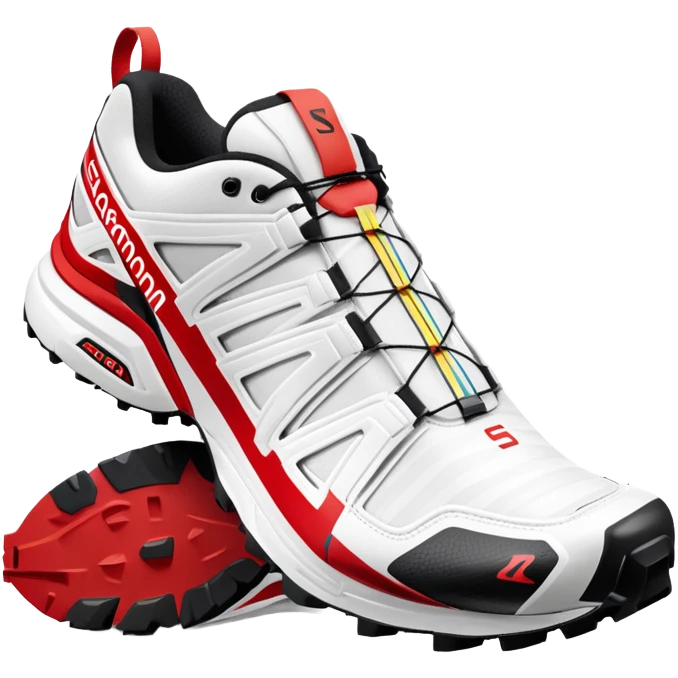 White Salomon XT-6 shoes with the signature colored speedcross stripe running through the middle, red Salomon logo stripe, one shoe behind the other, iOS emoji style, rest of the shoe pure white emoji