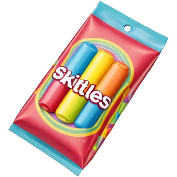 A retro 90s American Skittles package with tape on it, nostalgic design, classic rainbow styling from the 1990s emoji