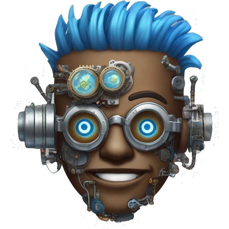 Brown cyborg head with blue Mohawk, blue beard, silver steampunk monocle goggles a smile and circuits emoji