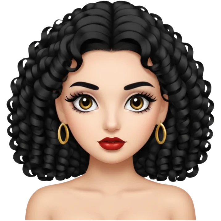 generate the emoji of a girl with fair skin, black hair, bombshell curls, black eyes, long false eyelashes, black eyebrows, latina makeup emoji