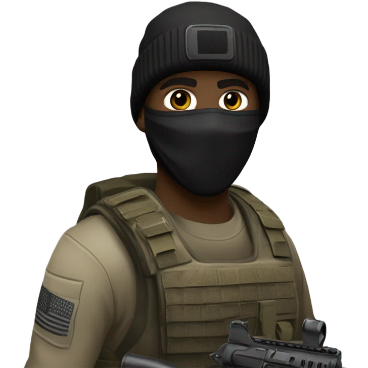 white male, pale skin, call of duty black face mask, camo tactical gear, combat boots, black beanie, hazel eyes, full body emoji