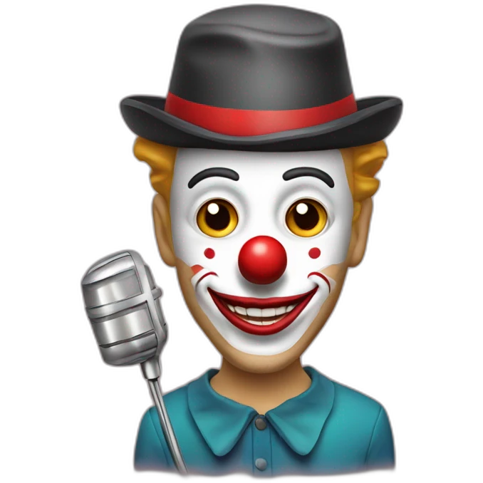 spanish radio presenter with radio station microphone in his hand with his face maked-up as a clown emoji