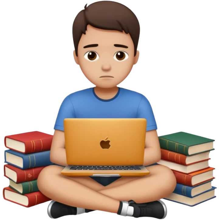 a student crashing out with the laptop on the lap and books on the side -  an emoji like this 😭 emoji