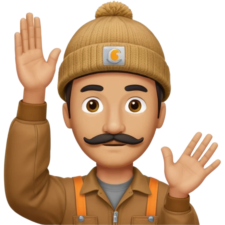 Woodworker thick straight mustache knit cap Carhartt shirt, one hand raised above head small eyes emoji