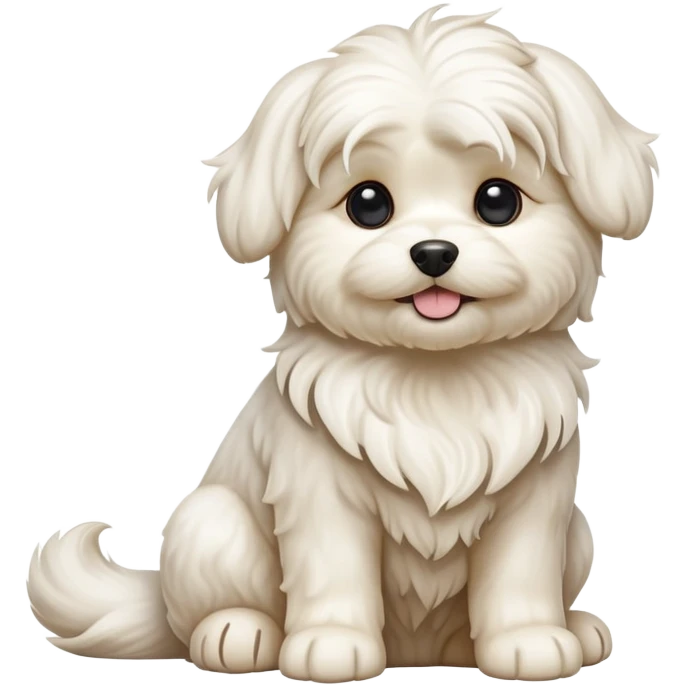 detailed-[wavy haired maltese-dog]-realistic-full-body-sitting-emoji,-tail-resting-loosely-beside-its-paws,-head-tilted-dramatically,--wavy-[cream-white]-fur,-simplified-yet-realistic-focused-features,-highly-detailed,-glowing-with-an-almost-sarcastic emoji