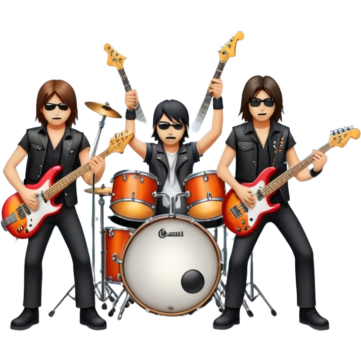 Icon for Metal Music: metal band on stage with 4 musicians playing electric guitars, bass, and drums. The atmosphere is intense, with flashing lights, smoke, and energetic stage presence. The vibe is powerful and electric. Transparent background. emoji