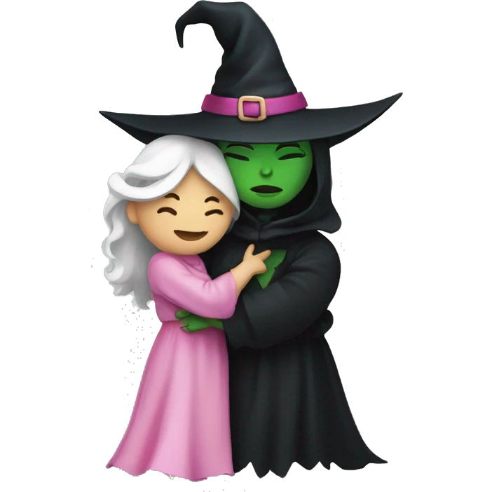 Witch dressed in black with green skin hugging pink dressed white witch emoji