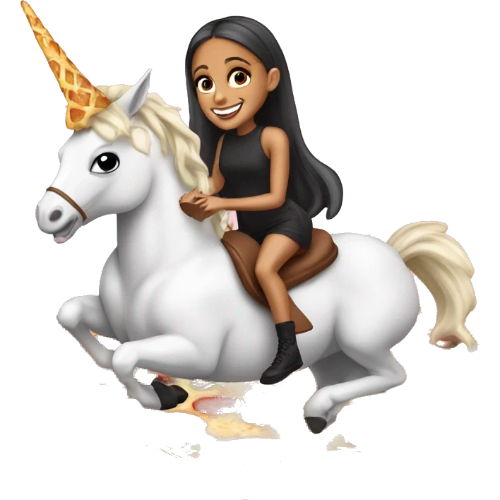 Ariana Grande riding a unicorn while eating vegan pizza emoji
