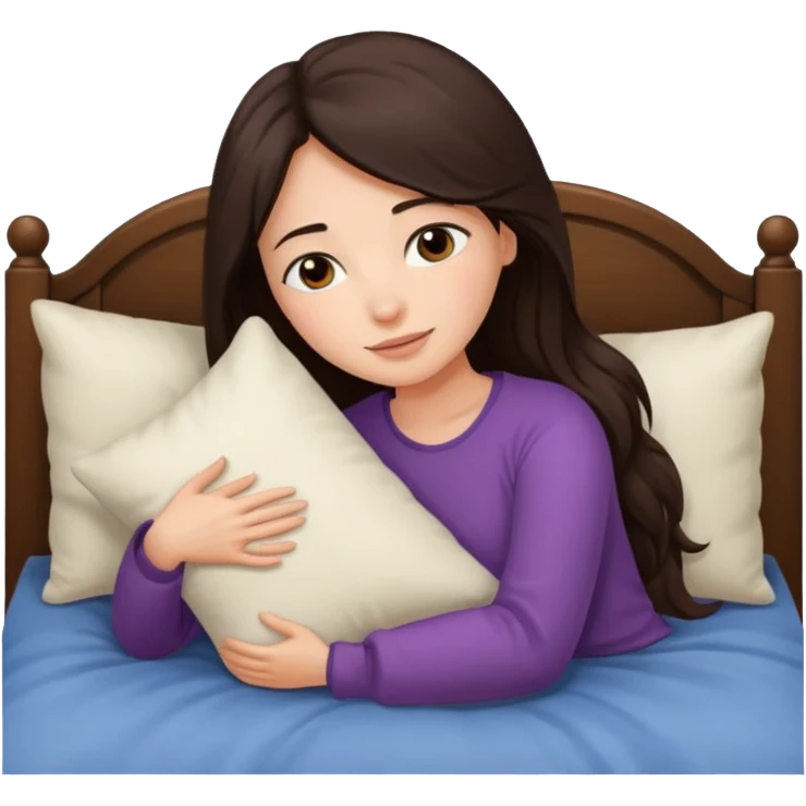 Mujer de pelo cafe oscuro y largo, y tez blanca. Ella esta en su cama abrazando su almohada porque ya se va a dormir emoji