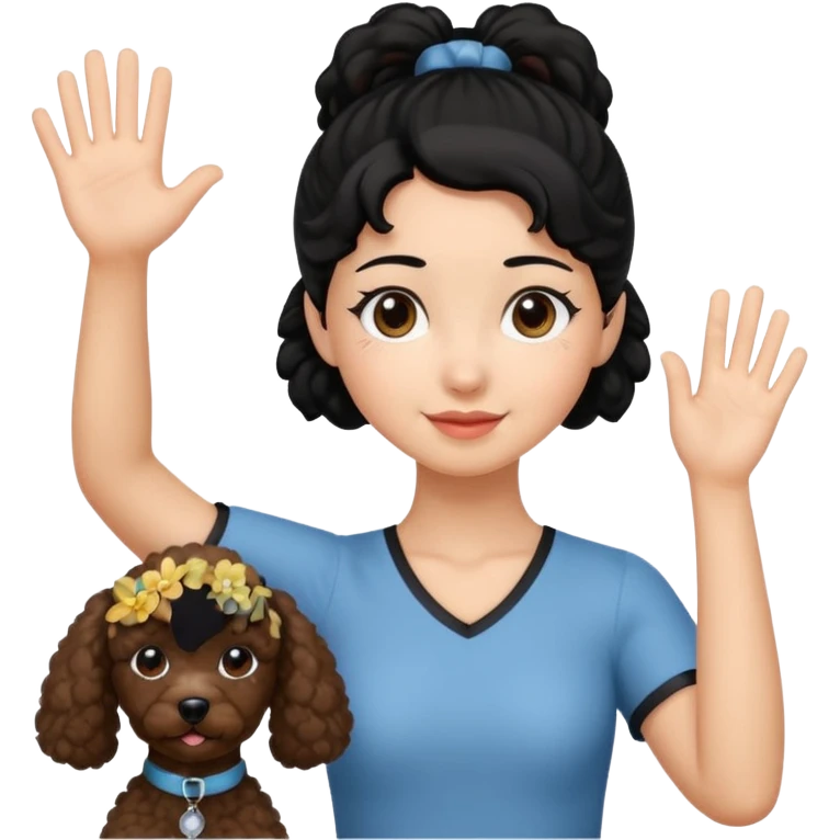 Ponytail black hair girl with brown Poodle say goodbye  emoji