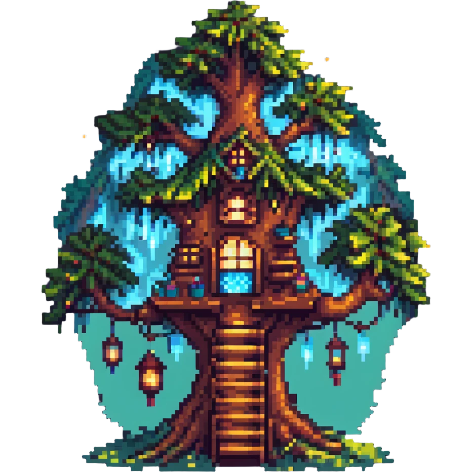 magical treehouse with glowing lights and whimsical details, pixel art style emoji