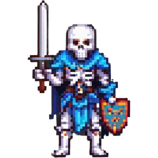 pixel art skeleton warrior wielding a sword, 8-bit style emoji