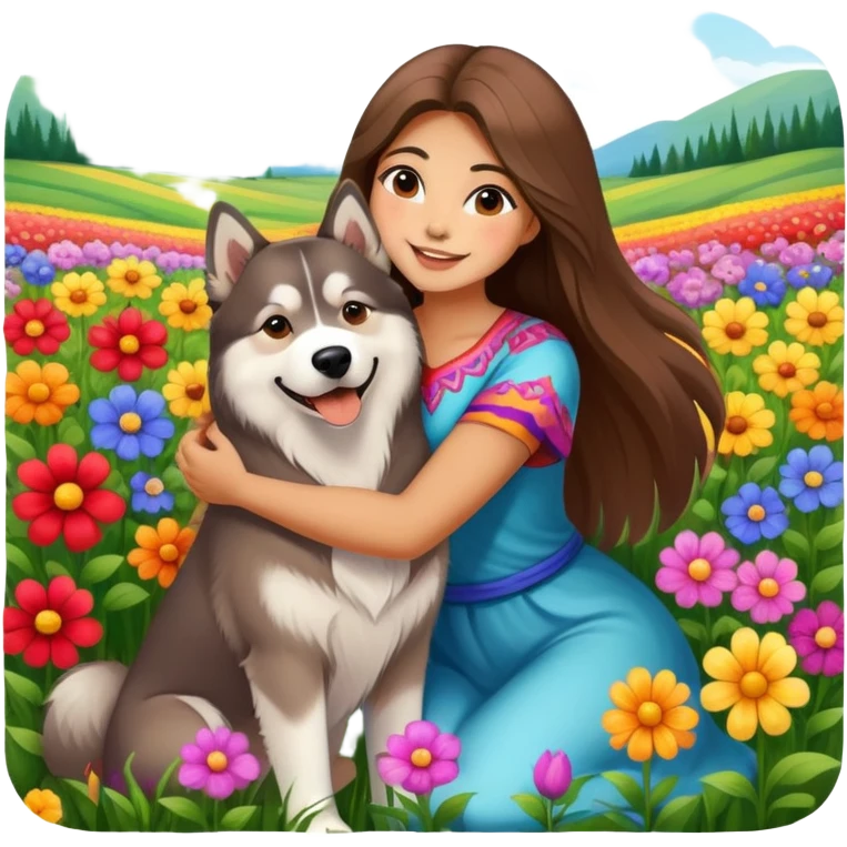 A beautiful girl with long straight hair happily hugs an Alaskan dog in the flowers emoji