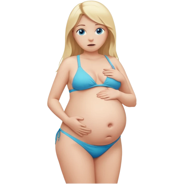 White girl, long blonde hair, blue eyes, huge pregnant belly, full body, white bikini, scared expression, looking at belly. emoji