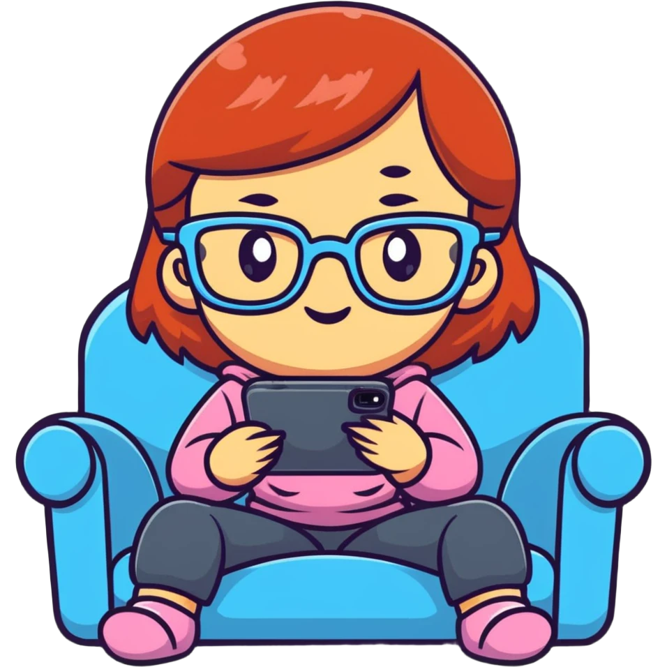 A cute young girl with glasses sitting on a couch, happily playing a mobile phone game with a cheerful expression emoji