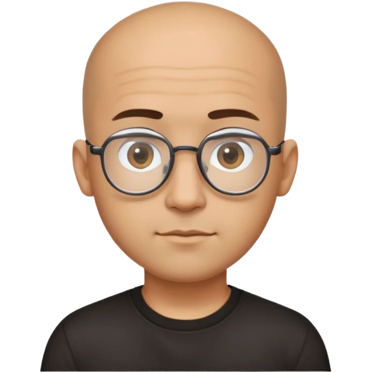 Latino man with small oval face and big forehead, aviator-style glasses, completely bald/shaved sides with very short curly dark hair only on top of head, neutral-friendly expression, light brown skin, wearing a black t-shirt emoji