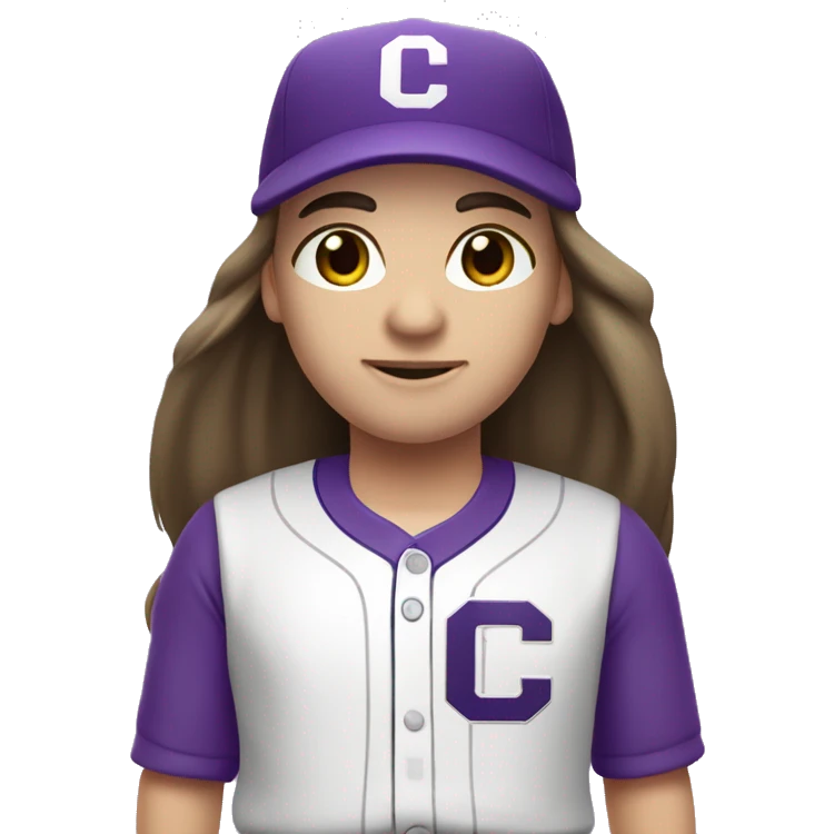 baseball card character. Brunette long straight hair. letter C logo. Purple and white uniform. emoji