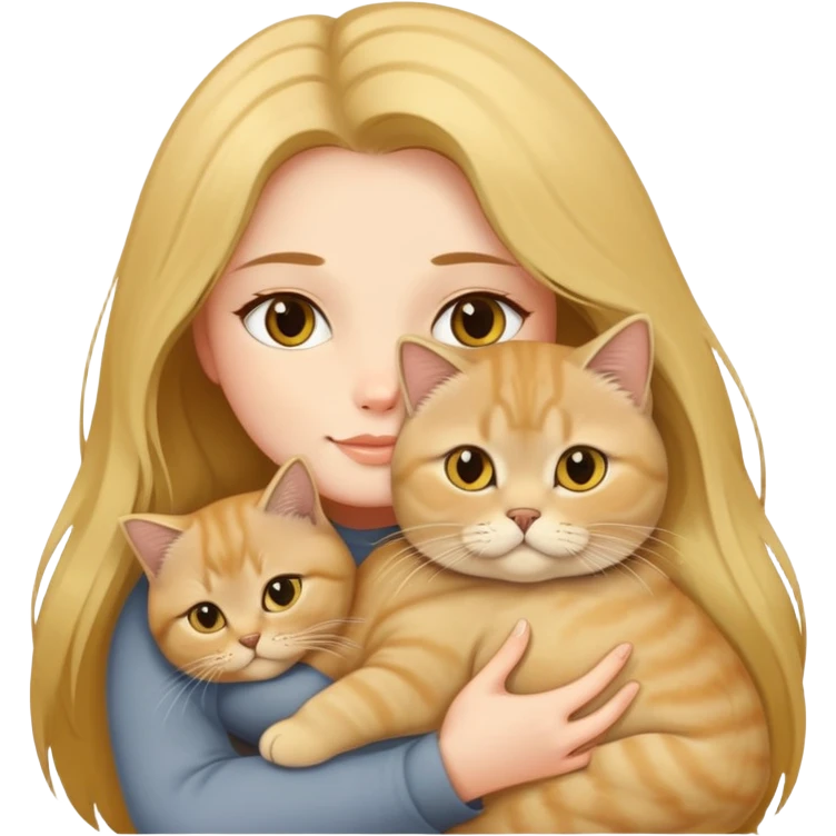 A long-haired girl hugs a Golden Shaded British shorthair emoji