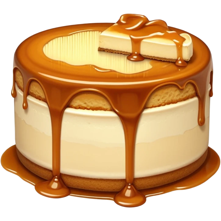 a slice of cheesecake. The base is made of light brown biscuit; the first layer of filling is caramelized dulce de leche, and the upper layer is creamy, light beige, and has a smooth texture. On top, there is a caramelized dulce de leche topping dripping down the center of the slice emoji