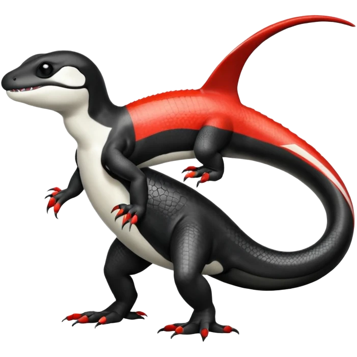 Black and white Orca-reptile-reptilian-lizard-skink-gecko-Digimon-Fakémon-hybrid full body, two legs, two arms, claws, tail, with red stripe emoji