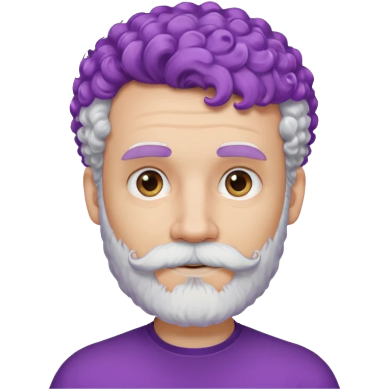 very white bearded and white mustached, violet short curly haired, wearing ear accessories emoji