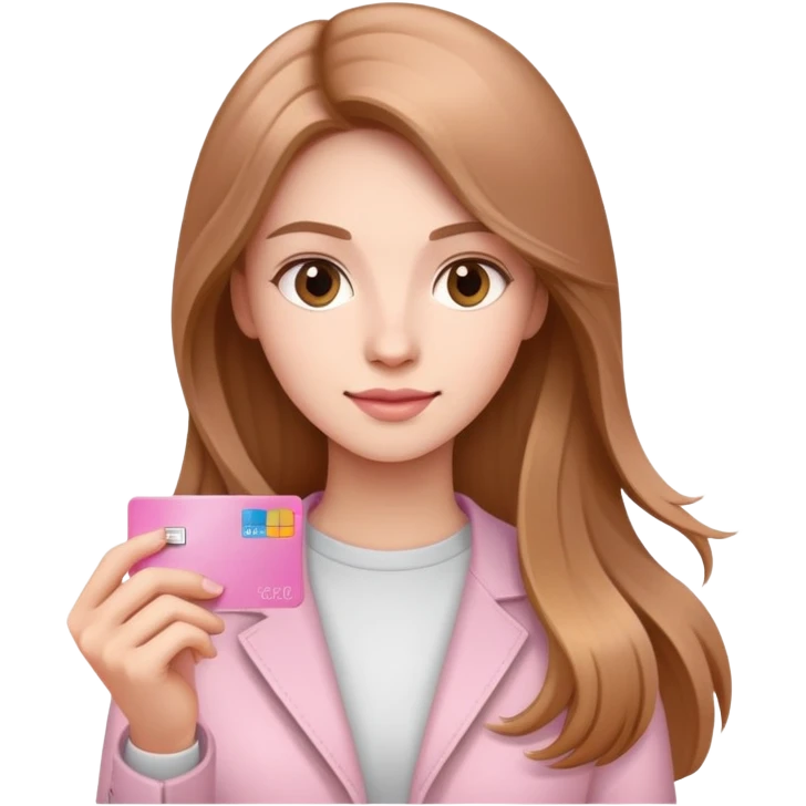 Femme au cheveux long et châtain qui tient une carte bancaire rose clair  emoji