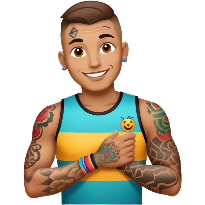 man with bold face tattoos, happy face, wearing a colorful jersey emoji