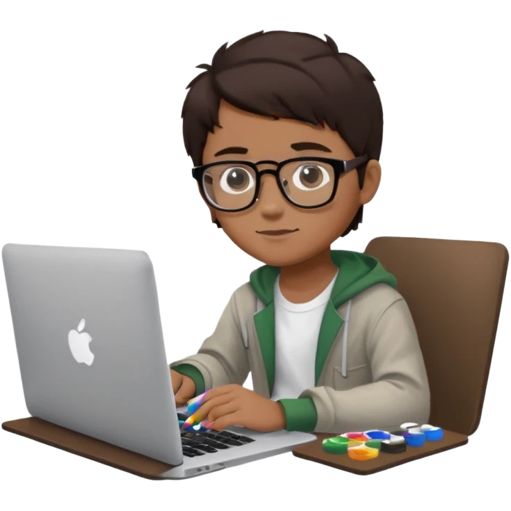 boy working in Macbook, he is graphic designer and paint artist, he seats facing me, and hair dark brown color emoji
