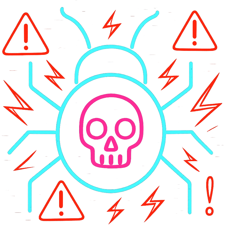 Make the computer virus icon look more dangerous by intensifying the glitch effect, adding red warning elements and jagged lines. Keep the neon tech style with no background. emoji