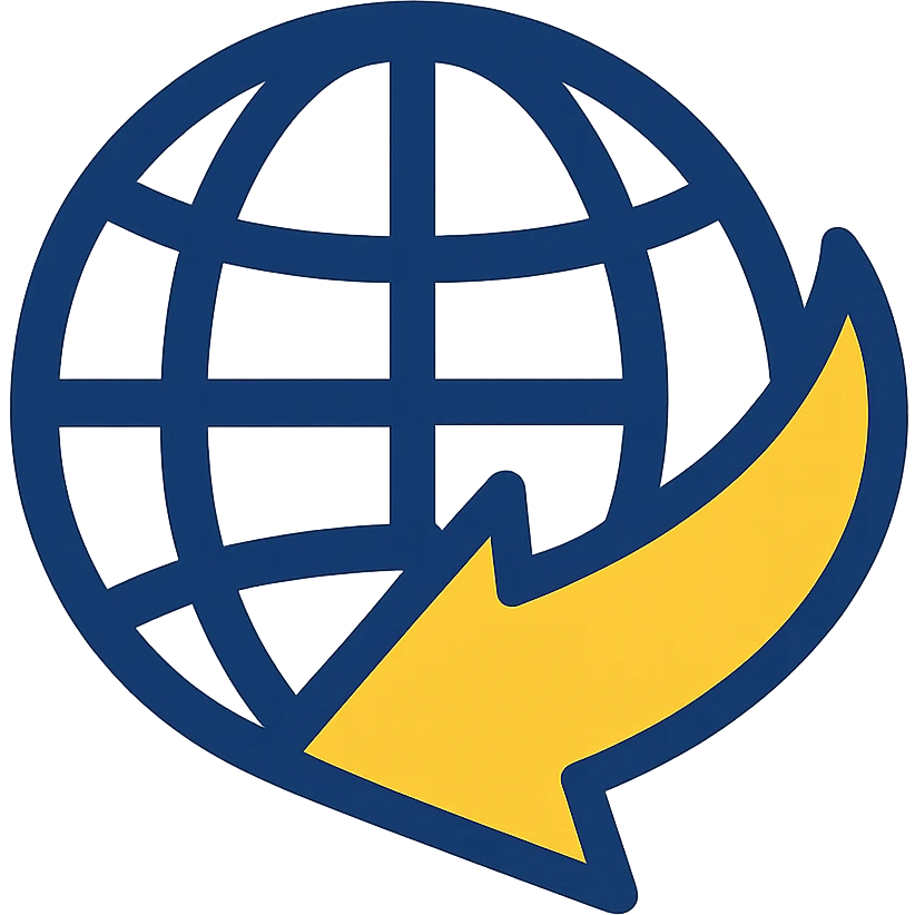 Reimagine the JDownloader icon in a minimalistic, flat blue style consistent with previous icons. Depict a simple blue globe with a bold yellow arrow wrapping around it, with the arrow as the main accent color. Use clean, simple lines and minimal use of other colors. Prioritize clarity, recognizability, and consistency with the other icons. Fully transparent background. emoji