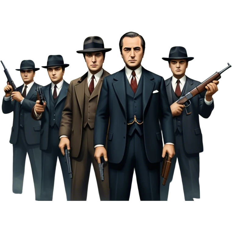 Vintage noir poster with Don Corleone surrounded by gangsters holding Thompson submachine guns. Background features New York skyscrapers, adding to the gritty, classic gangster film feel.  Dark and moody atmosphere with shadows, suits, and a mysterious vibe. Transparent background. emoji
