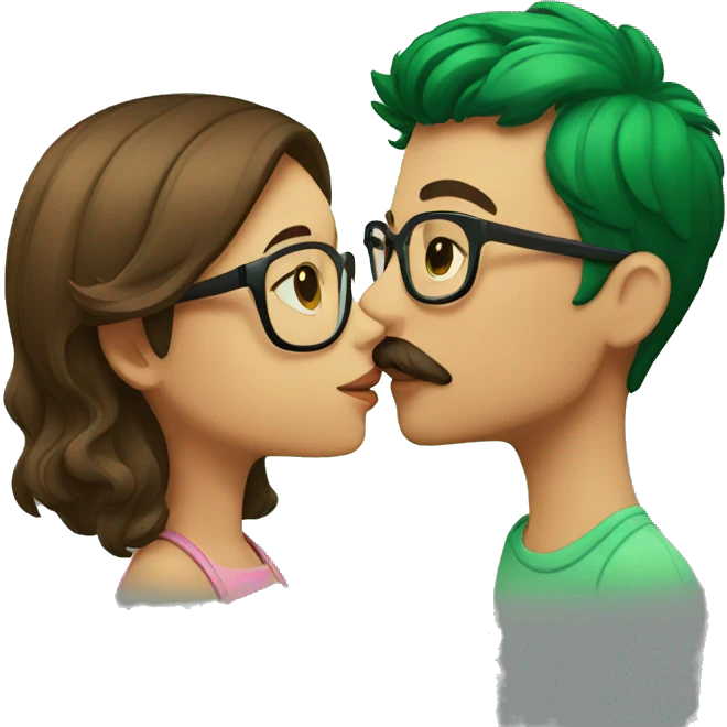 A boy with brown hair and a mustache is kissing a green haired girl wearing glasses emoji