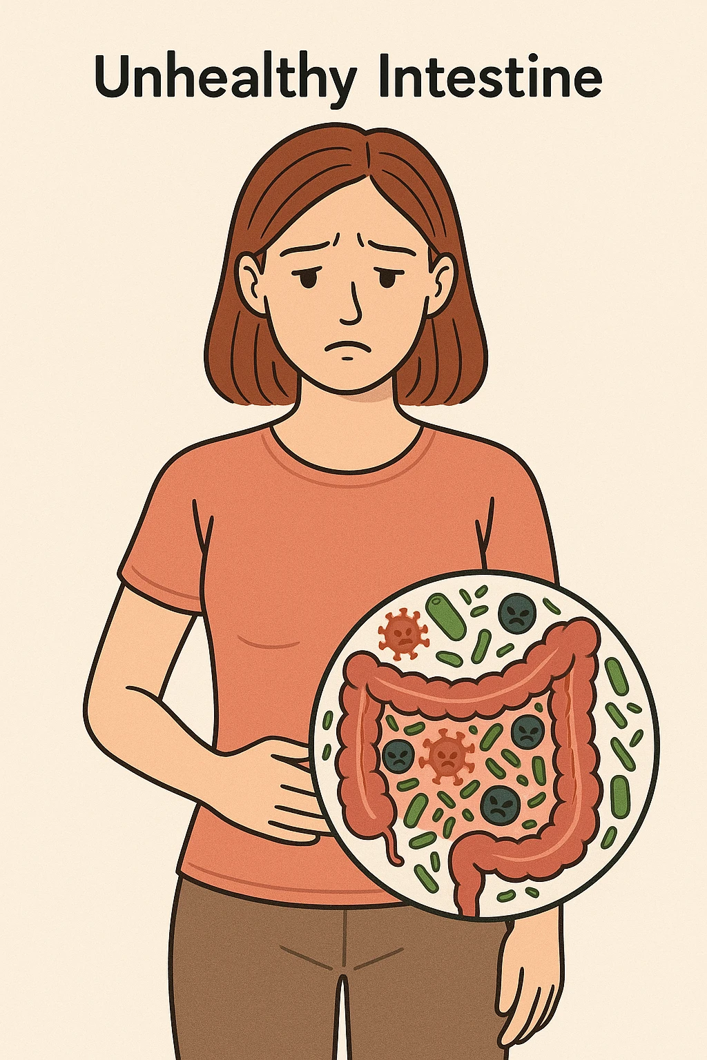 donna con batteri cattivi pieni nel suo intestino emoji