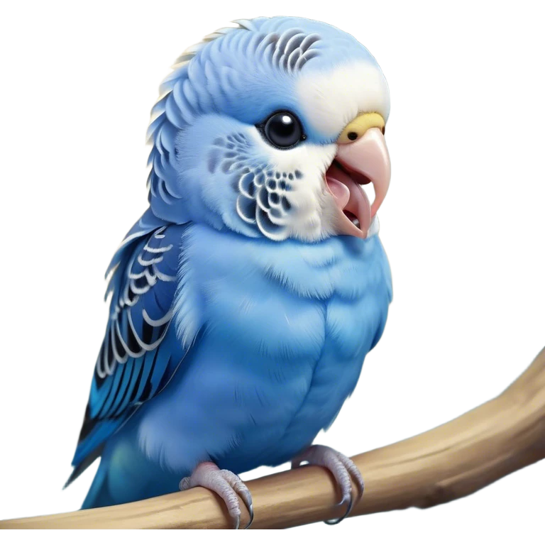 Cinematic Cute Yawning Blue Budgie Portrait Emoji, Head tilted slightly with a dramatic, wide-open yawn, showcasing a soft, downy blue feathered fur with gently drooping wings, round dark eyes barely open in drowsy contentment, Simplified yet irresistibly adorable features, highly detailed, glowing with a soft, cozy glow, high shine, relaxed yet expressive, stylized with a touch of whimsy, bright and endearing, soft glowing outline, capturing the essence of a sleepy yet affectionate budgie, so drowsy it feels like it could stretch out of the screen and curl up for a nap! emoji