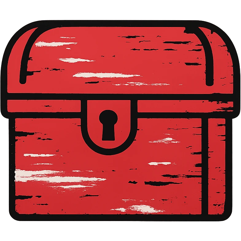 an all-red treasure chest icon that appears partially erased and smudged, as if a paint brush had deliberately removed sections, with brush stroke weathering and uneven edges, giving it a heavily distressed appearance, only red colors emoji