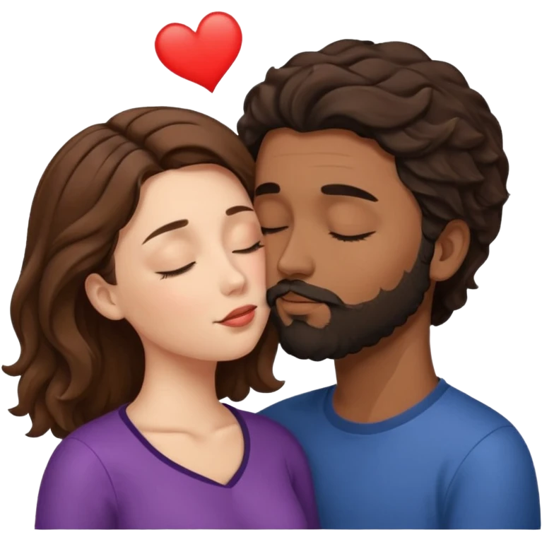 White woman (brown hair with eyes closed) kissing the top of the head (forehead) of brown man with black wavy hair (has a a beard with his eyes closed too) emoji