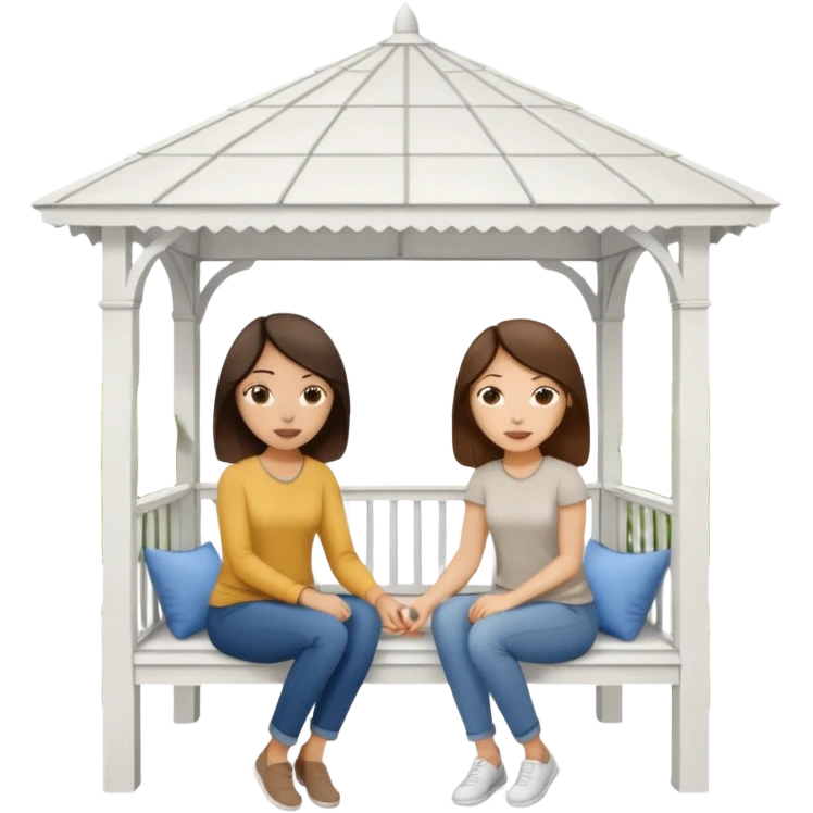 Two brunette women sitting inside a white gazebo emoji